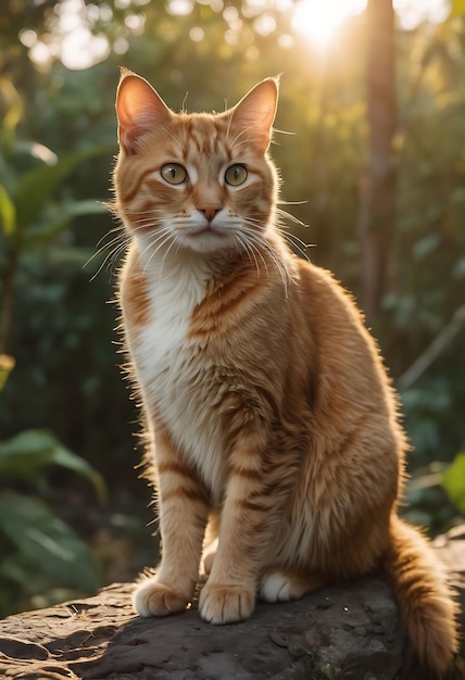 um gato sentado em um tronco ao sol