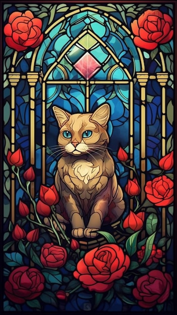 Um gato sentado em um vitral com rosas generativas ai