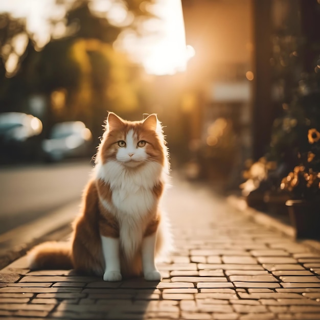 um gato sentado em uma calçada ao sol