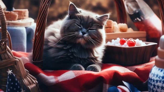 Um gato sentado em uma cesta sobre um cobertor Imagem generativa de IA
