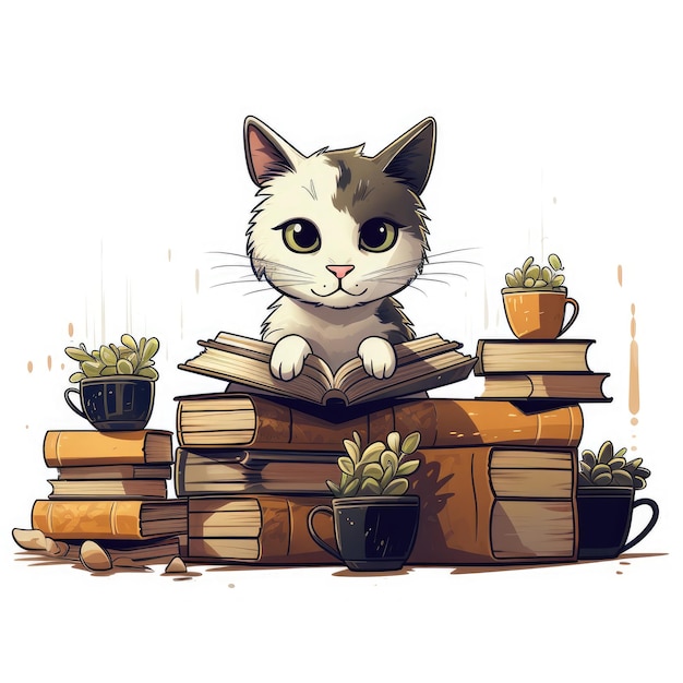um gato sentado em uma pilha de livros com um gato em cima deles.