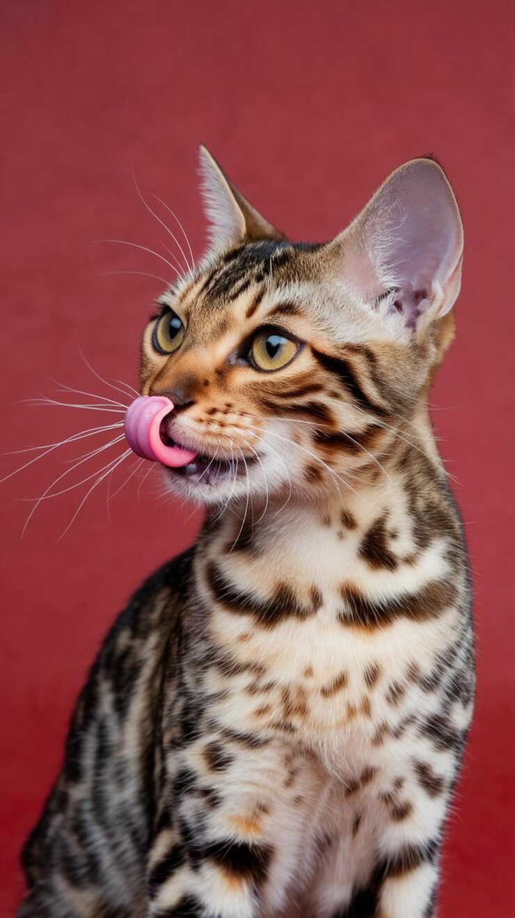 Um gato sentado isolado em um fundo vermelho