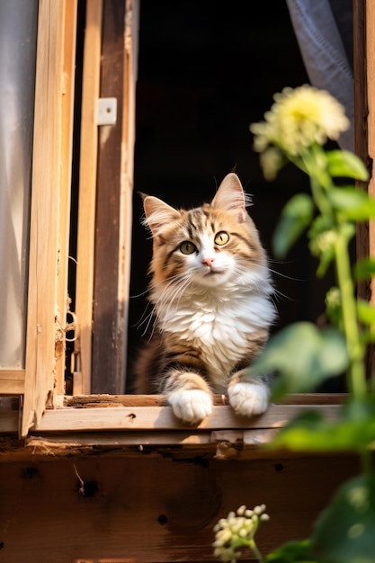 um gato sentado no parapeito de uma janela olhando para fora