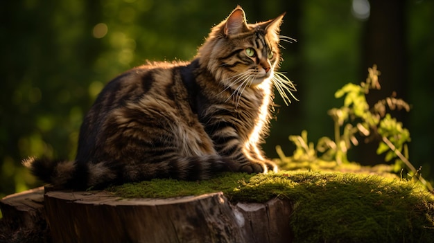 um gato sentado no toco de uma árvore na floresta
