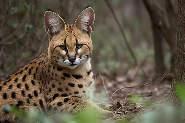 Um gato serval está sentado na floresta.