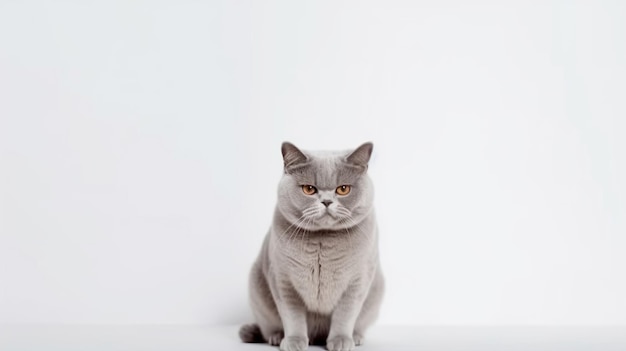 Um gato shorthair britânico senta-se em um fundo branco
