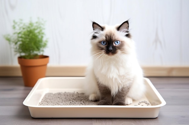 Um gato siamês está sentado em uma bandeja com enchimento de vaso sanitário