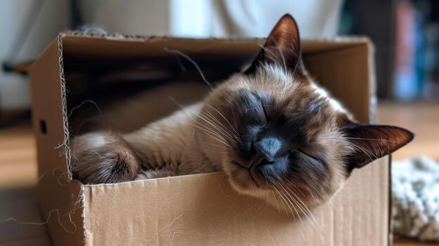 Um gato siamês gordo aninhado confortavelmente em uma caixa de papelão sua expressão alegre destacando a alegria de confortos simples