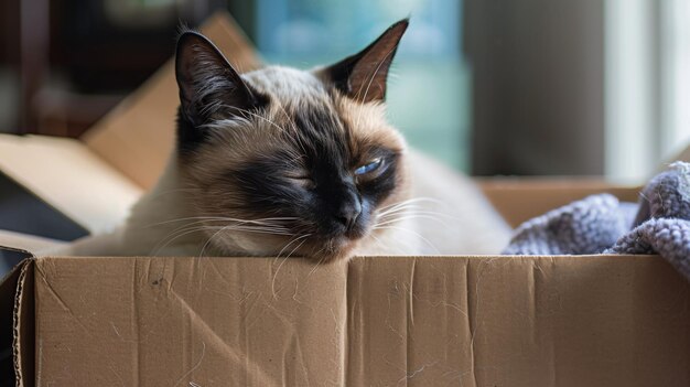 Um gato siamês gordo aninhado confortavelmente em uma caixa de papelão sua expressão alegre destacando a alegria de confortos simples