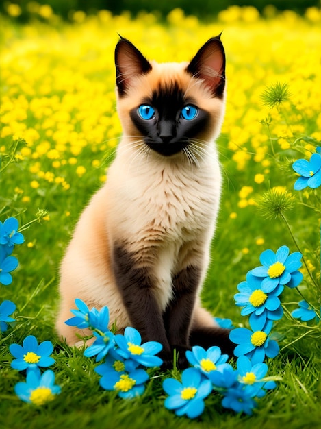 Um gato siamês sentado na grama com flores azuis olhando para a câmera
