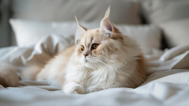 Um gato siberiano majestoso de cor creme descansando graciosamente em uma colcha de cama branca e macia à luz natural