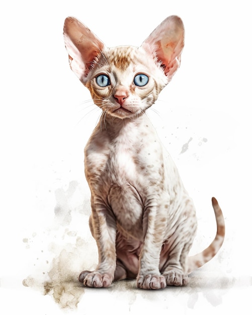 Um gato sphynx com olhos azuis senta-se em um fundo branco.