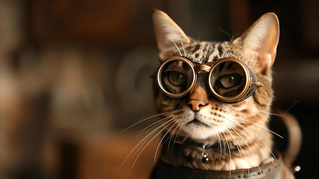 Um gato steampunk usando óculos e um colar de couro O gato está sentado em uma sala escura olhando para o espectador com uma expressão curiosa
