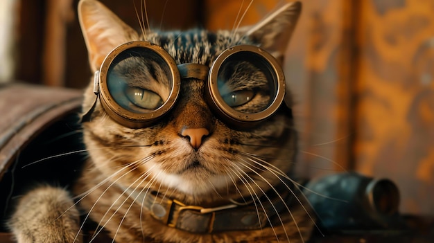 Um gato steampunk usando óculos está sentado em um cenário aampunk O gato está olhando para a câmera com uma expressão séria