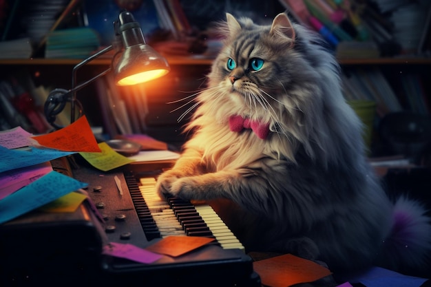 Um gato tocando piano com uma gravata borboleta rosa.