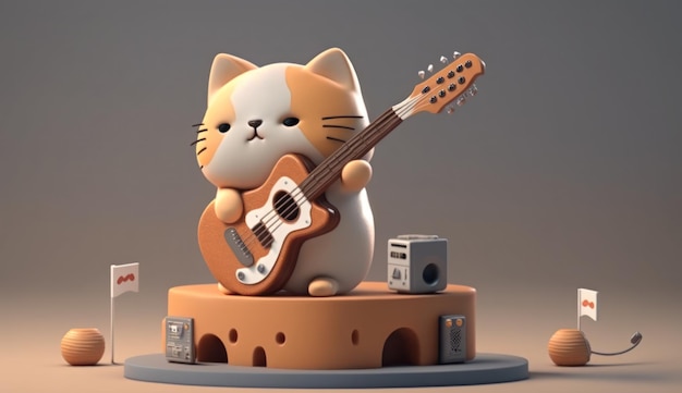 Um gato tocando violão está sentado em uma barraca de bolo.