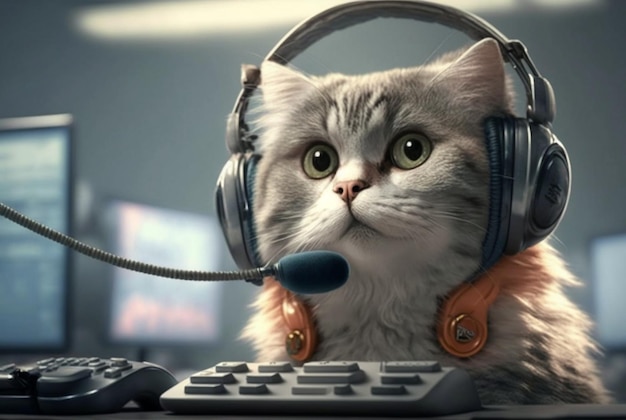 Um gato trabalhando em um computador vestindo um terno e fones de ouvido generative ai