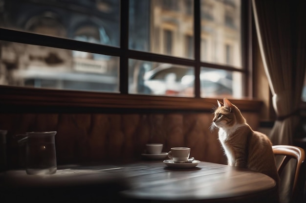 Foto um gato triste senta-se numa mesa num café e pensa: