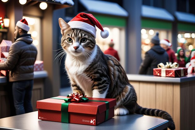 um gato usa um boné de Natal no balcão de checkout