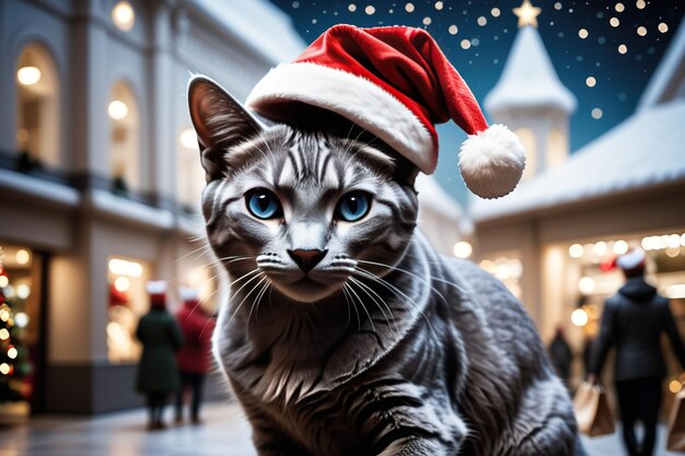 um gato usa um boné de Natal sorrindo e fazendo compras na rua