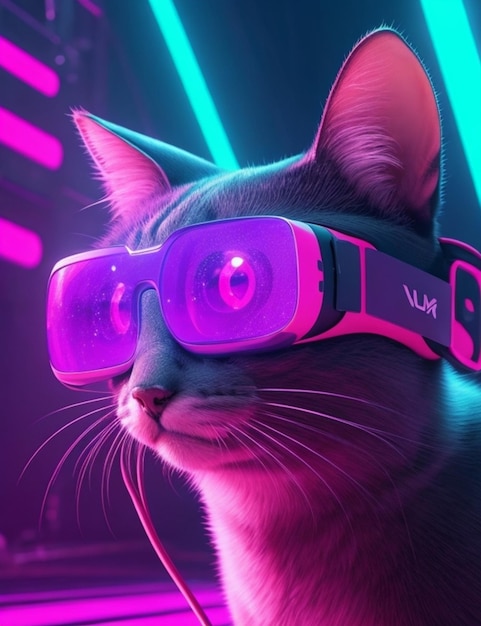 Foto um gato usando óculos de realidade virtual neon