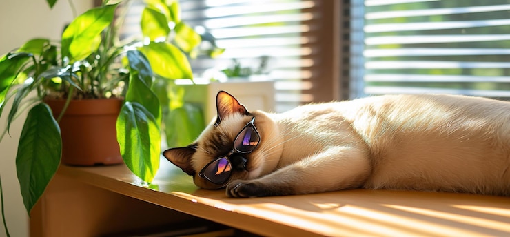 Foto um gato usando óculos de sol dorme em uma prateleira de madeira na frente de uma janela