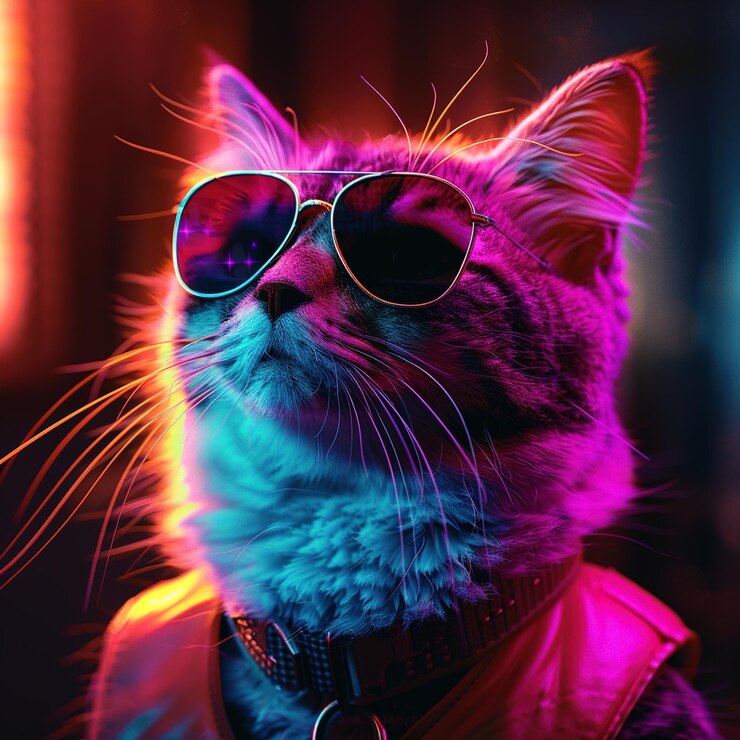 Foto um gato usando óculos de sol e um suéter com uma lente rosa