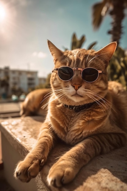 Um gato usando óculos escuros e uma coleira que diz 'cat on it'