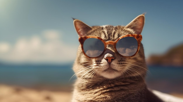 um gato usando óculos escuros em uma praia com o oceano ao fundo.