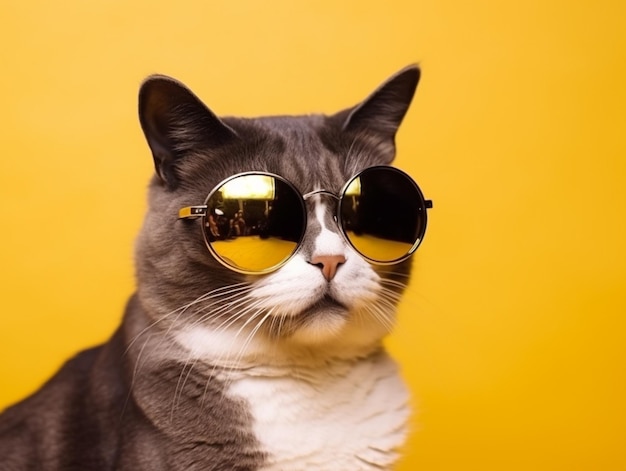 Um gato usando óculos escuros senta-se em um fundo amarelo.