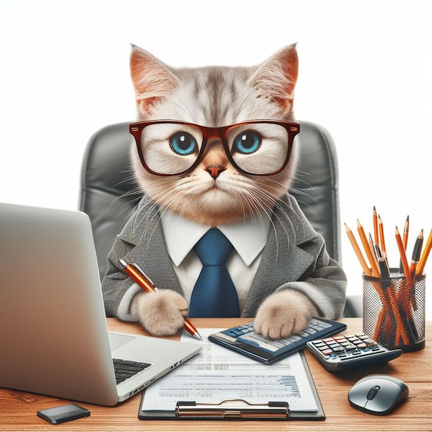 um gato usando óculos fazendo negócios com um laptop