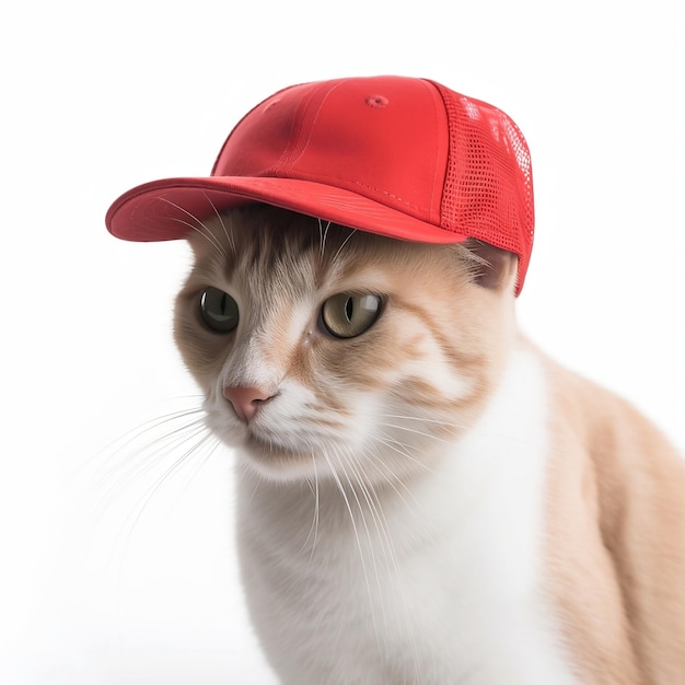 Um gato usando um boné de beisebol vermelho