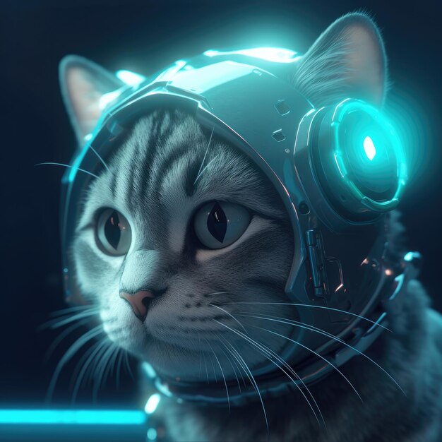 Um gato usando um capacete com uma luz azul nele.