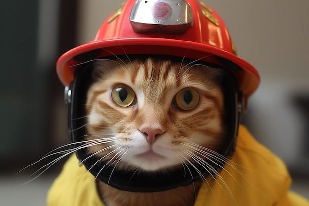 Um gato usando um capacete que diz bombeiro nele