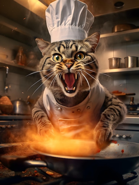 Um gato usando um chapéu de chef está cozinhando em uma cozinha.
