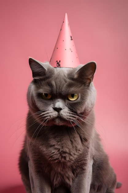 Foto um gato usando um chapéu de festa em fundo rosa