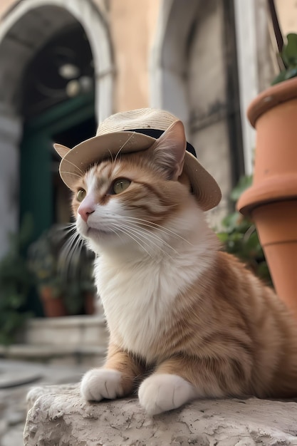 Um gato usando um chapéu de palha