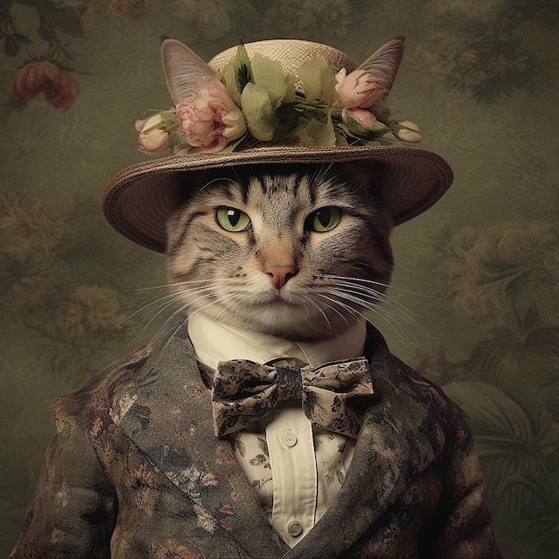 Um gato usando um chapéu e uma gravata borboleta