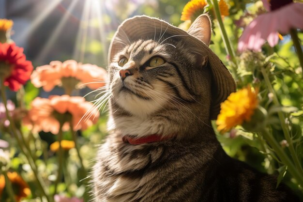 Um gato usando um chapéu em um jardim