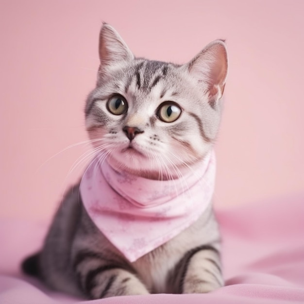 Um gato usando uma bandana rosa que diz "gato" nela.