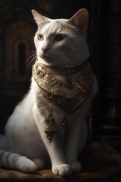 Um gato usando uma coleira de ouro com um medalhão de ouro.
