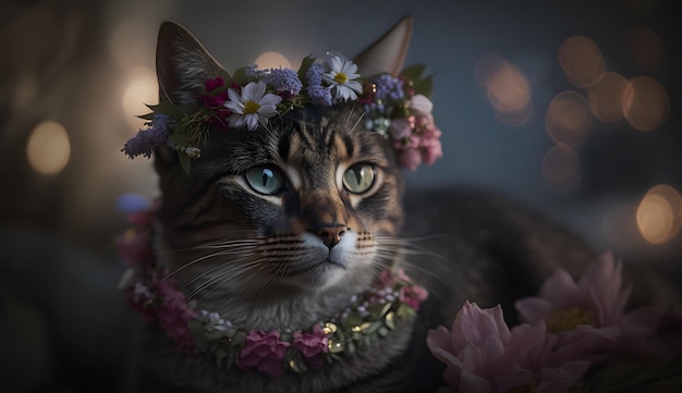 Um gato usando uma coroa de flores