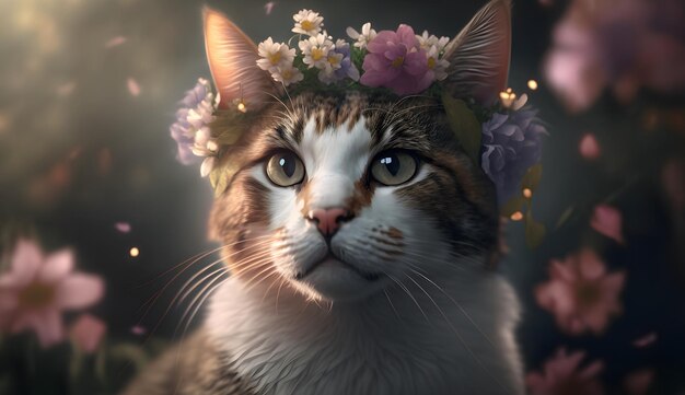 Um gato usando uma coroa de flores