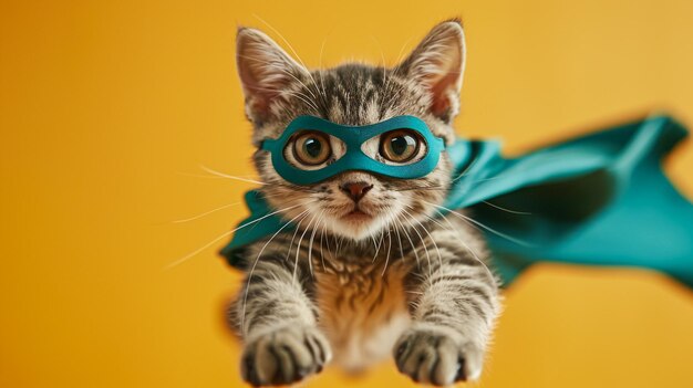 Foto um gato usando uma máscara que diz uma citação sobre ele