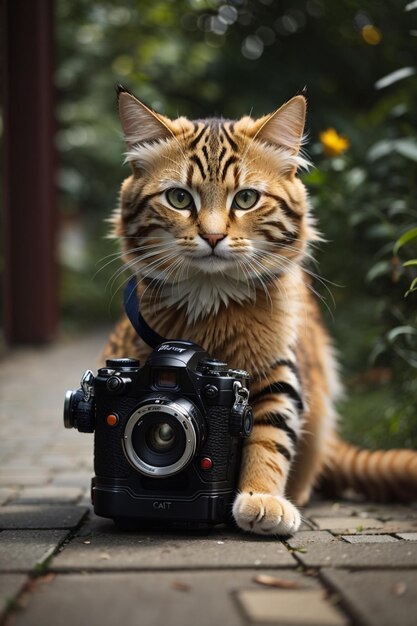 Foto um gato usando uma mochila e segurando uma câmera