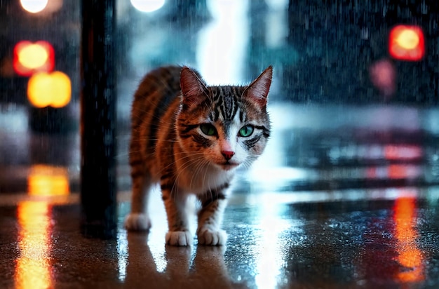 Um gato vadio caminha na chuva no contexto da cidade noturna Generative AI