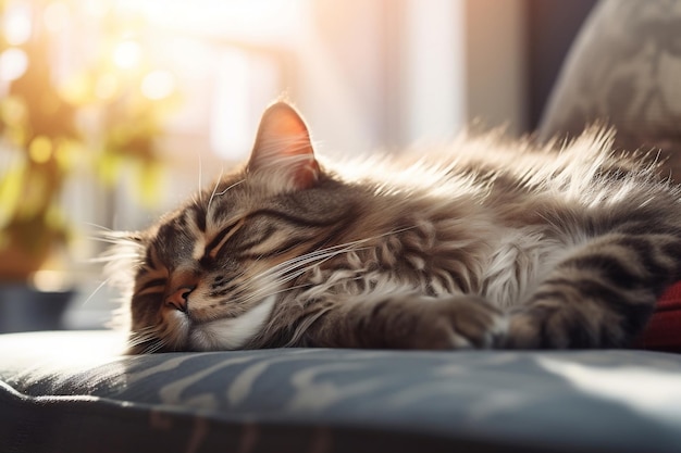 Um gato velho descansa em um sofá em uma sala de estar iluminada