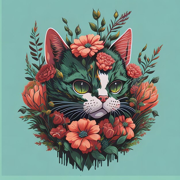 Um gato verde com olhos verdes e rosto verde e branco está rodeado de flores.