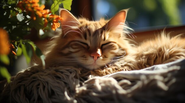Um gato vermelho claro dorme e descansa perto da janela sob o sol