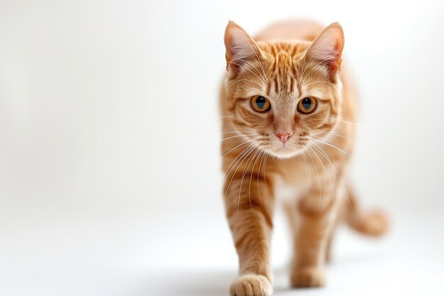 Um gato vermelho de beleza caminhando sobre um fundo branco